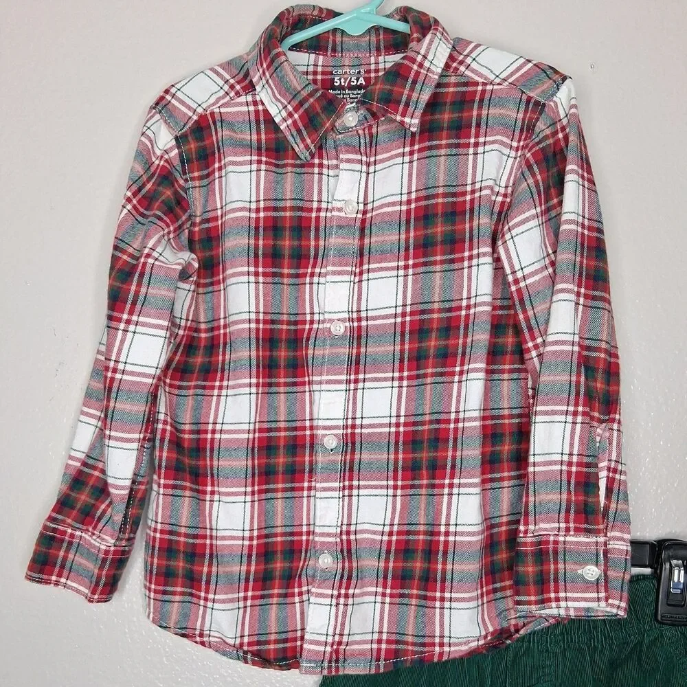 Carters Toddler Boys 2 Piece Set Plaid Flannel Shirt and Green Pants 5T